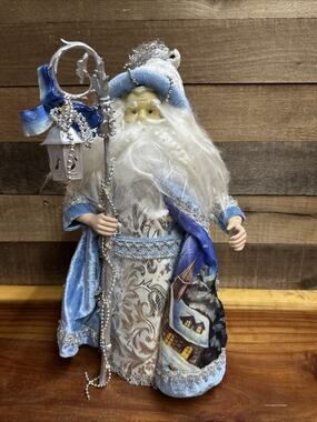 Whimsical Santa Tree Topper Or Table Top In Light Blue And Silver 18”